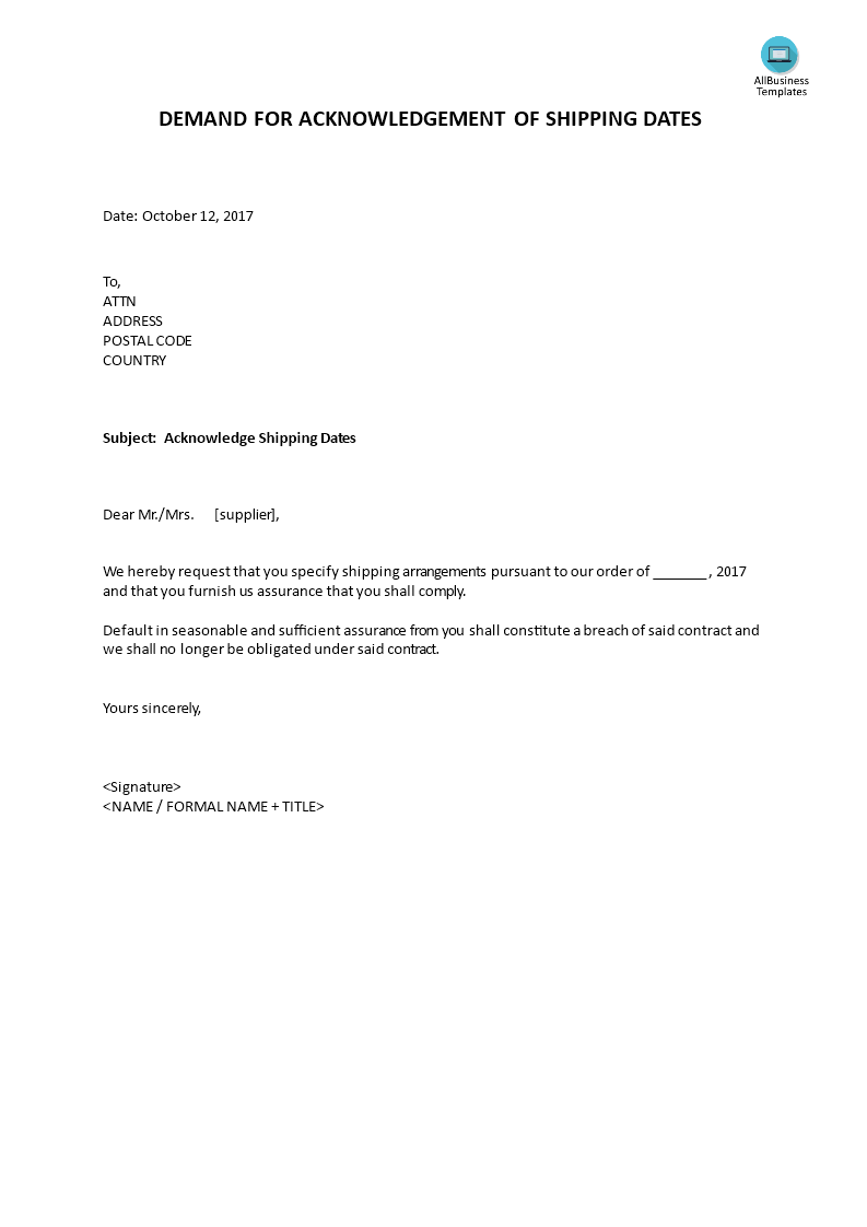 acknowledgement demand letter shipping dates template