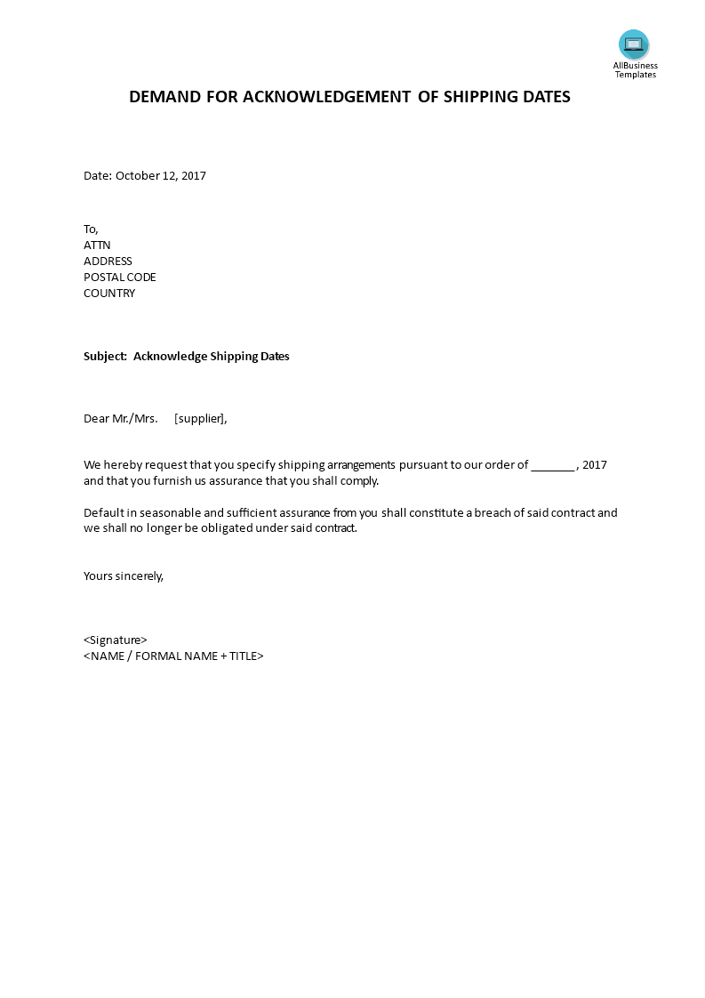 acknowledgement demand letter shipping dates plantilla imagen principal