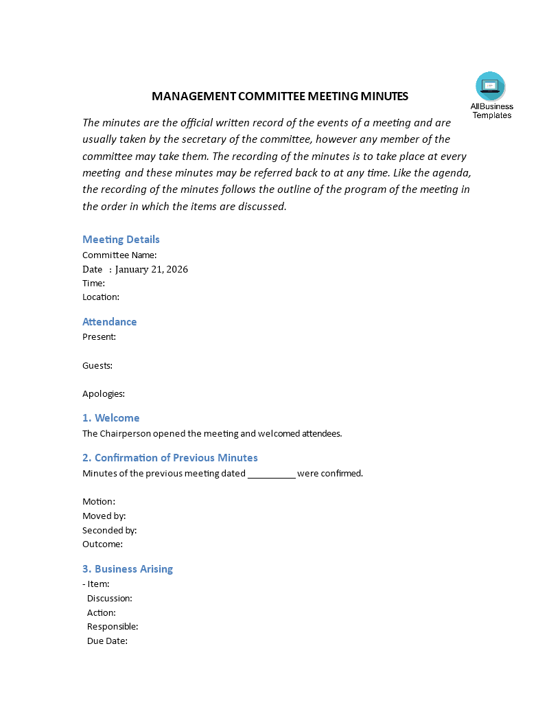 management committee meeting minutes template