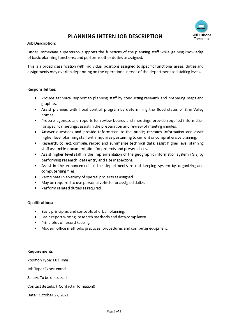 planning intern job description modèles