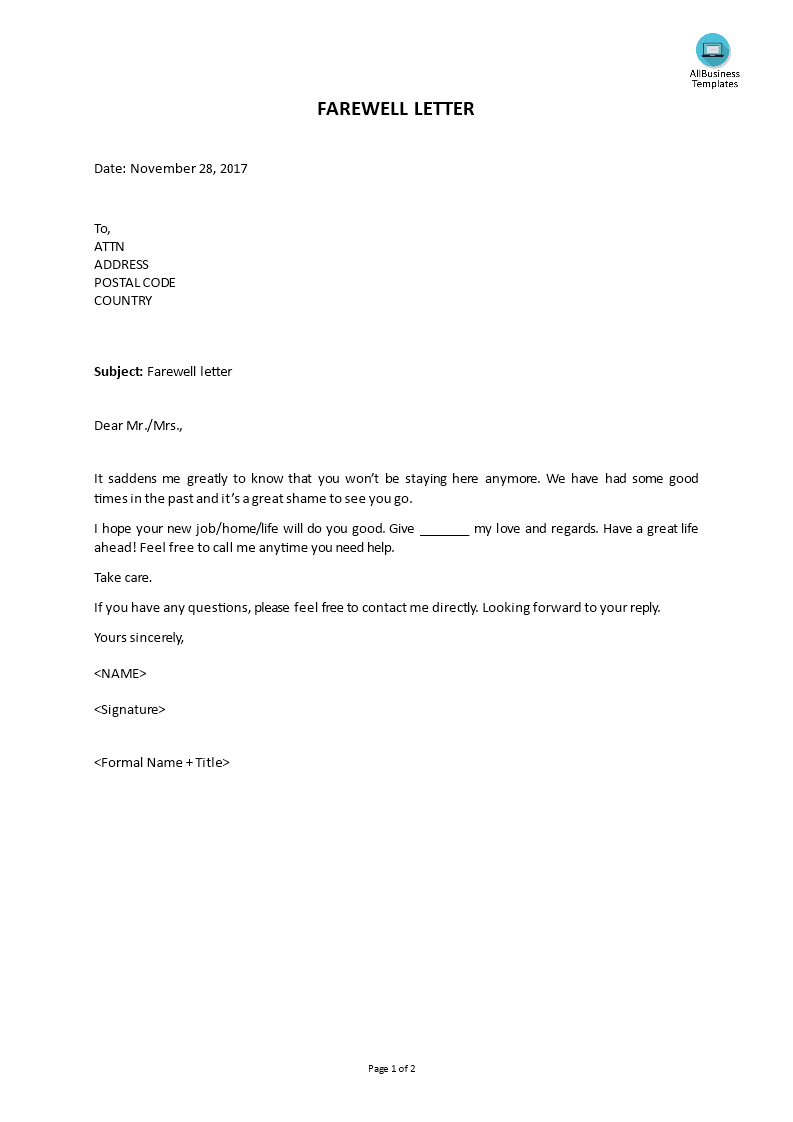 emotional farewell letter template