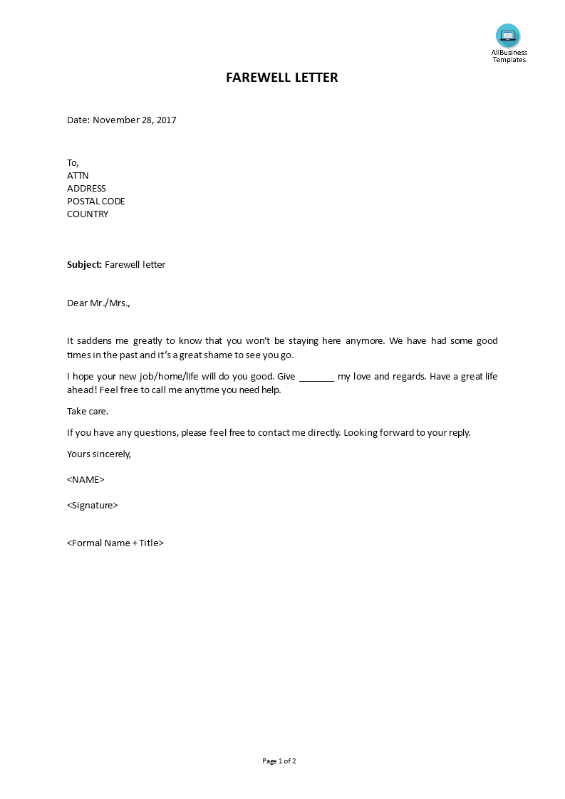 Emotional Farewell Letter Templates At Allbusinesstemplates