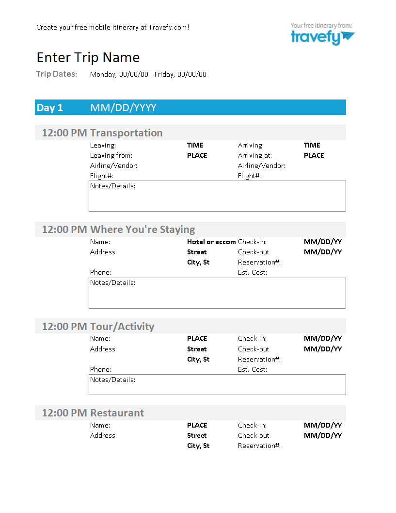 travel itinerary sample template