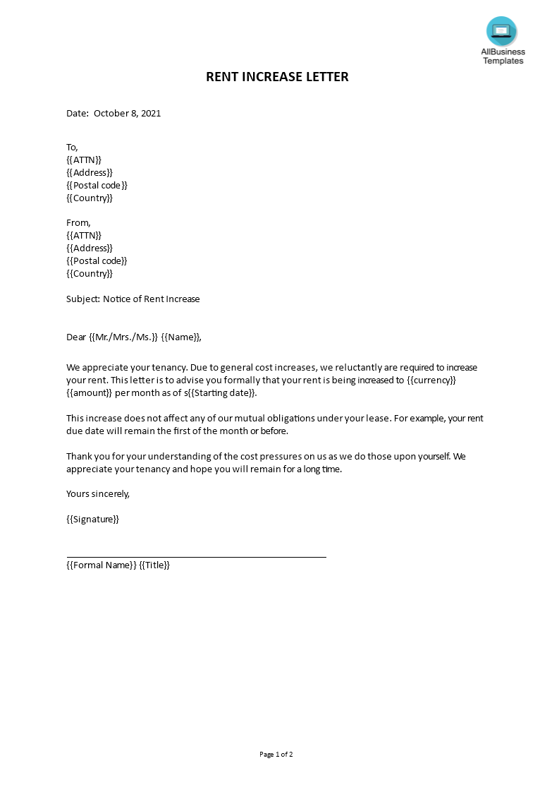 rent increase letter template