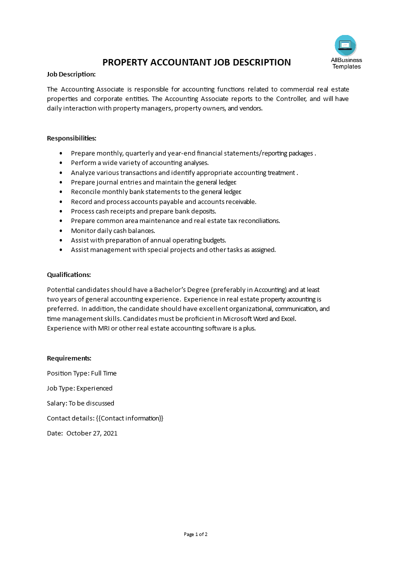 Property Accountant Job Description main image