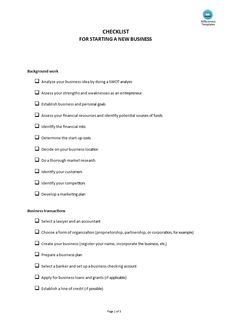 checklist starting new business template