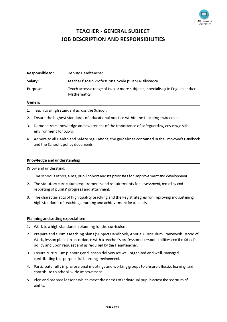 Teacher General Subjects Job Description Templates At