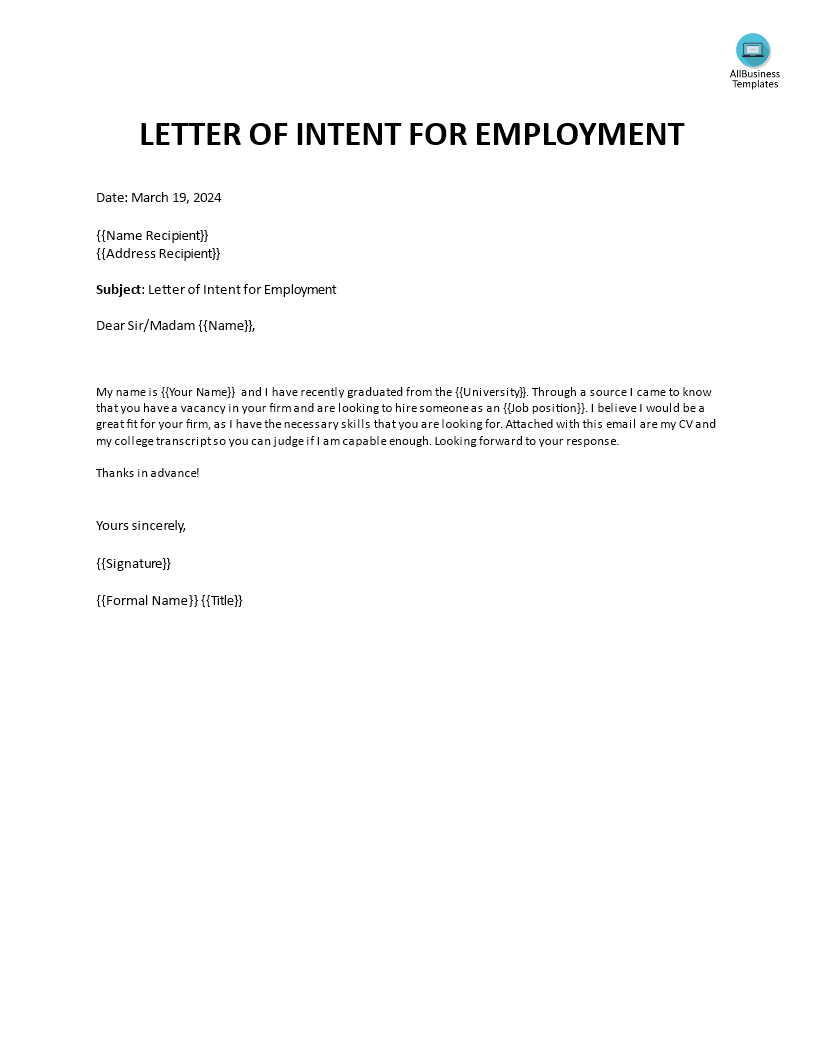 Letter of Interest for Employment 模板