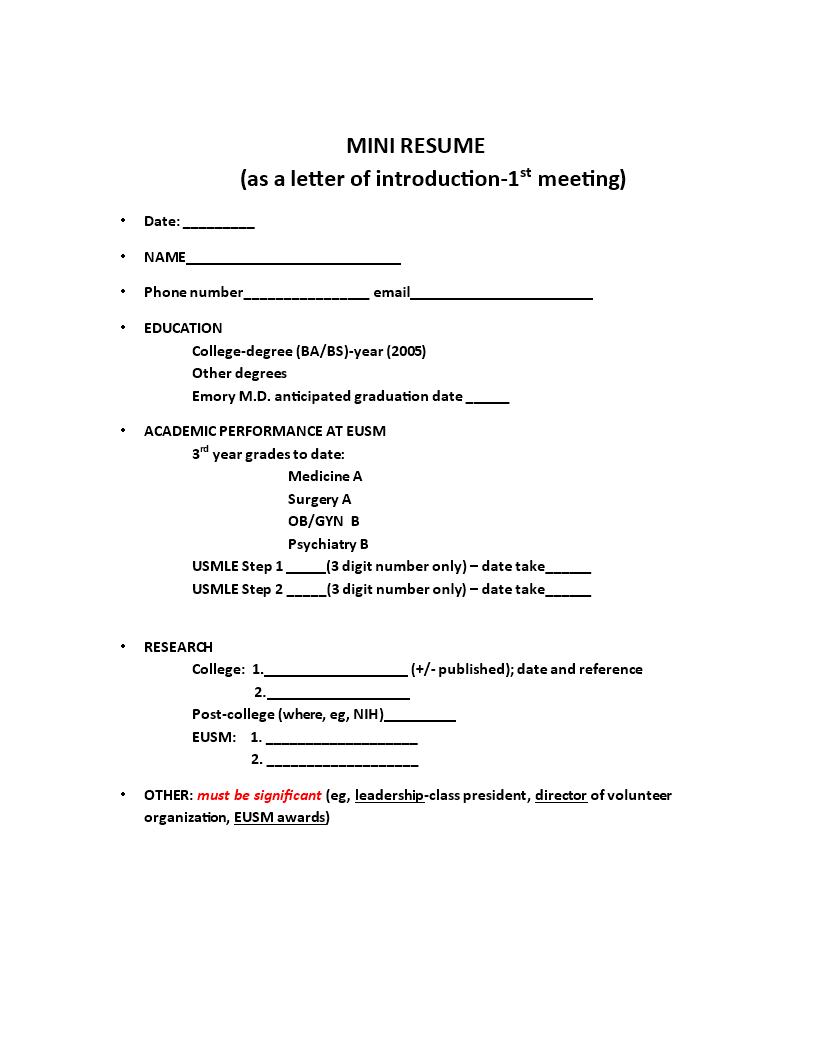 mini resume sample template
