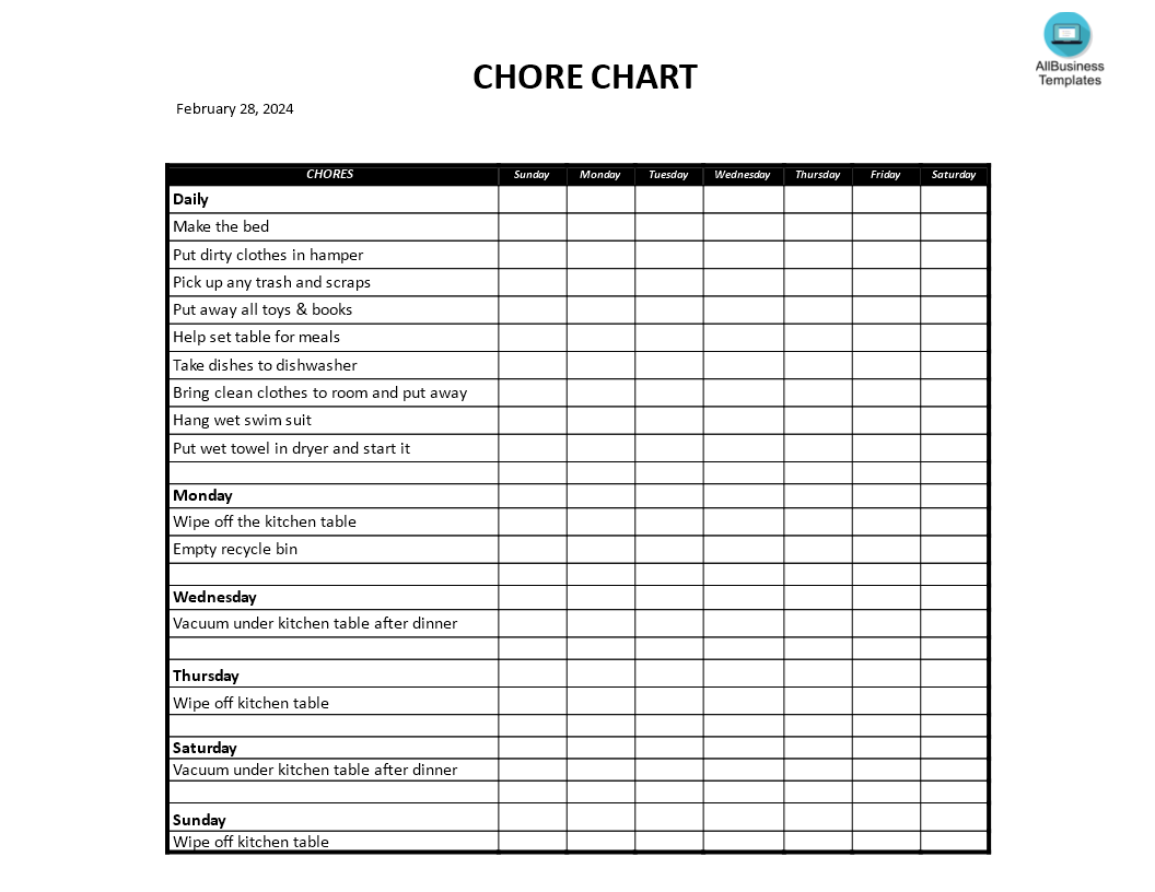 household chore chart template template