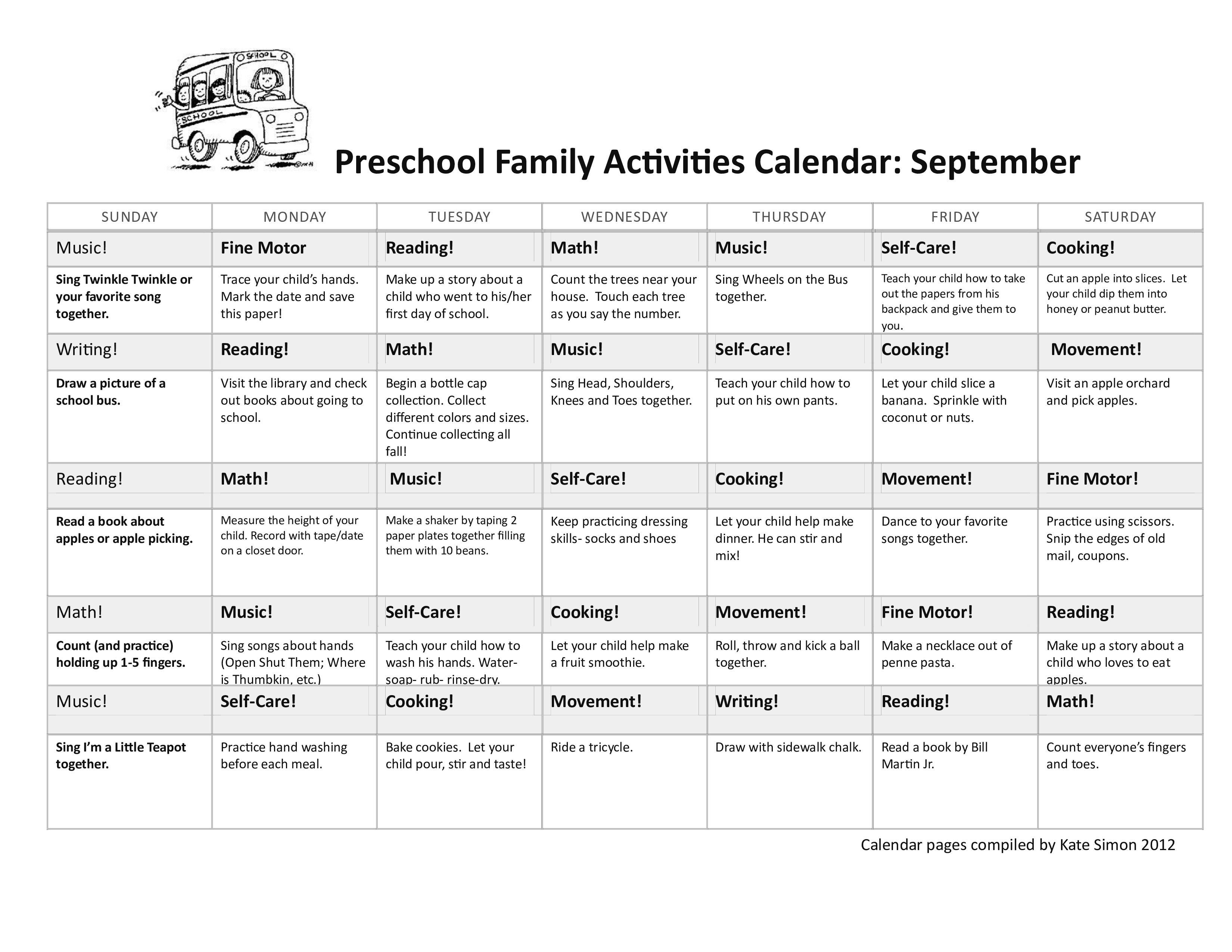 preschool activity calendar modèles