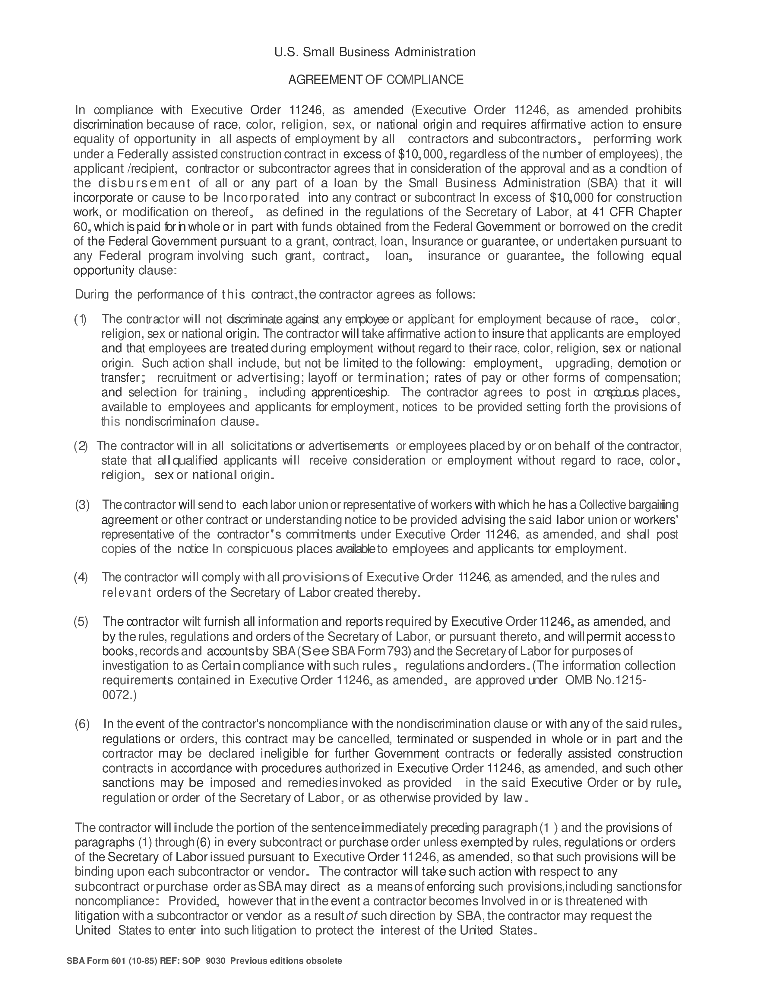 business administration agreement of compliance template