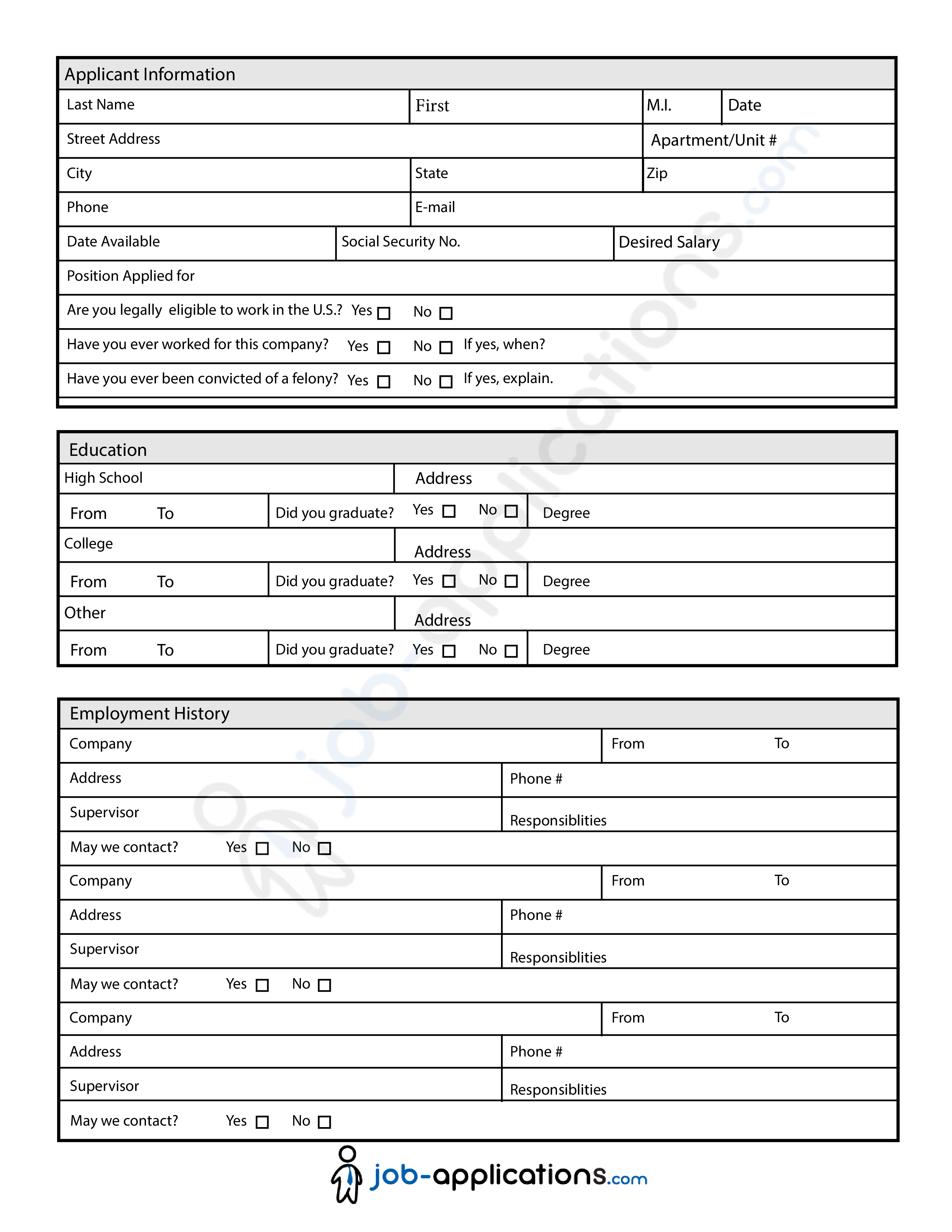 printable generic employment application Hauptschablonenbild