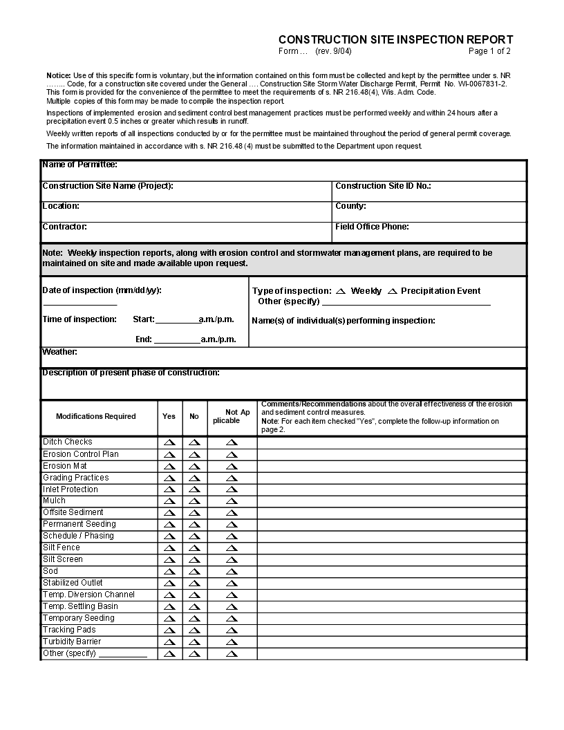 Kostenloses Construction Site Inspection Report With Regard To Property Management Inspection Report Template