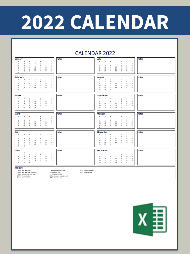 2022 calendar in excel voorbeeld afbeelding 