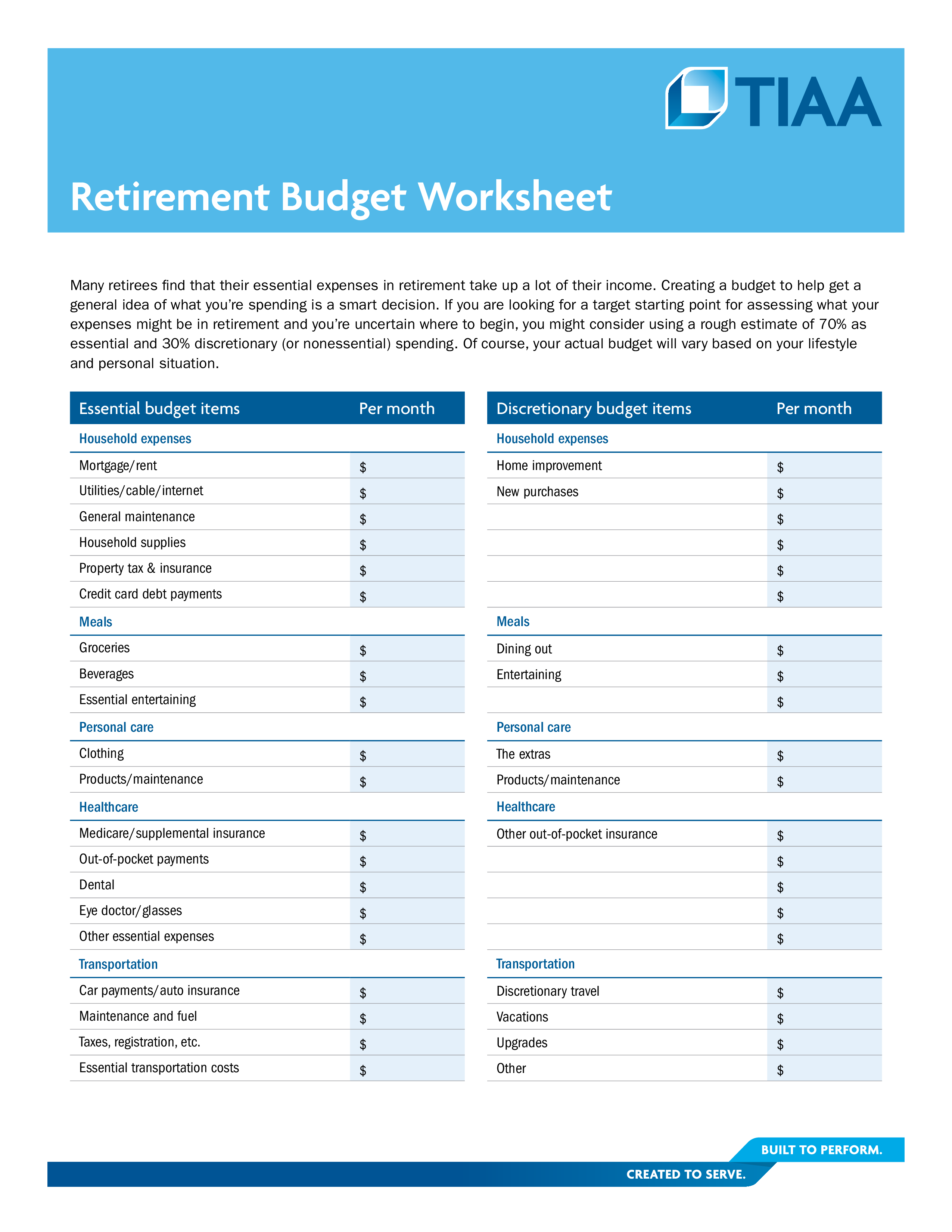 Retirement Budget Worksheet 模板