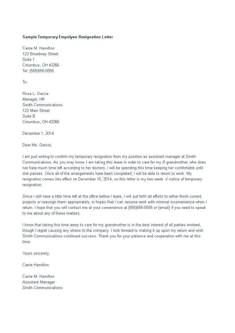 temporary employee resignation letter template