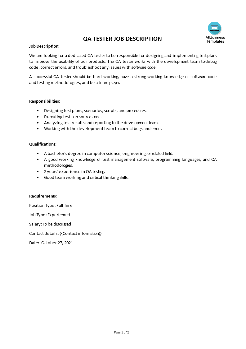 qa tester job description template