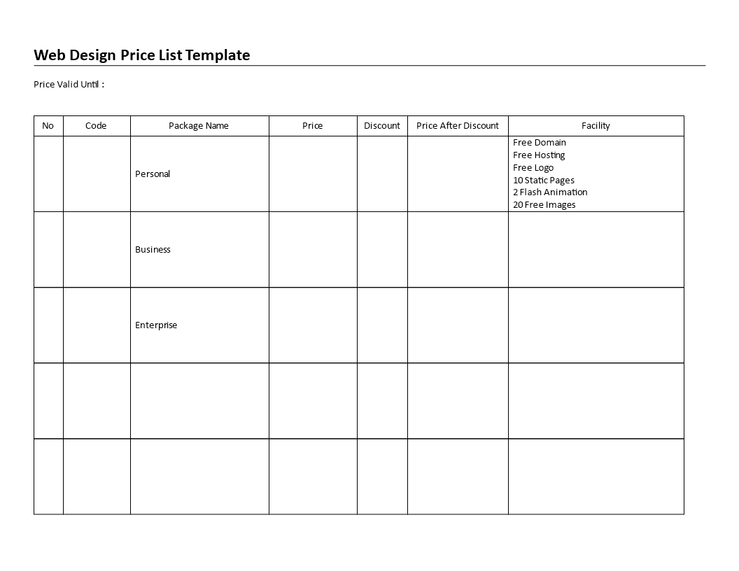 Price list Web design 模板