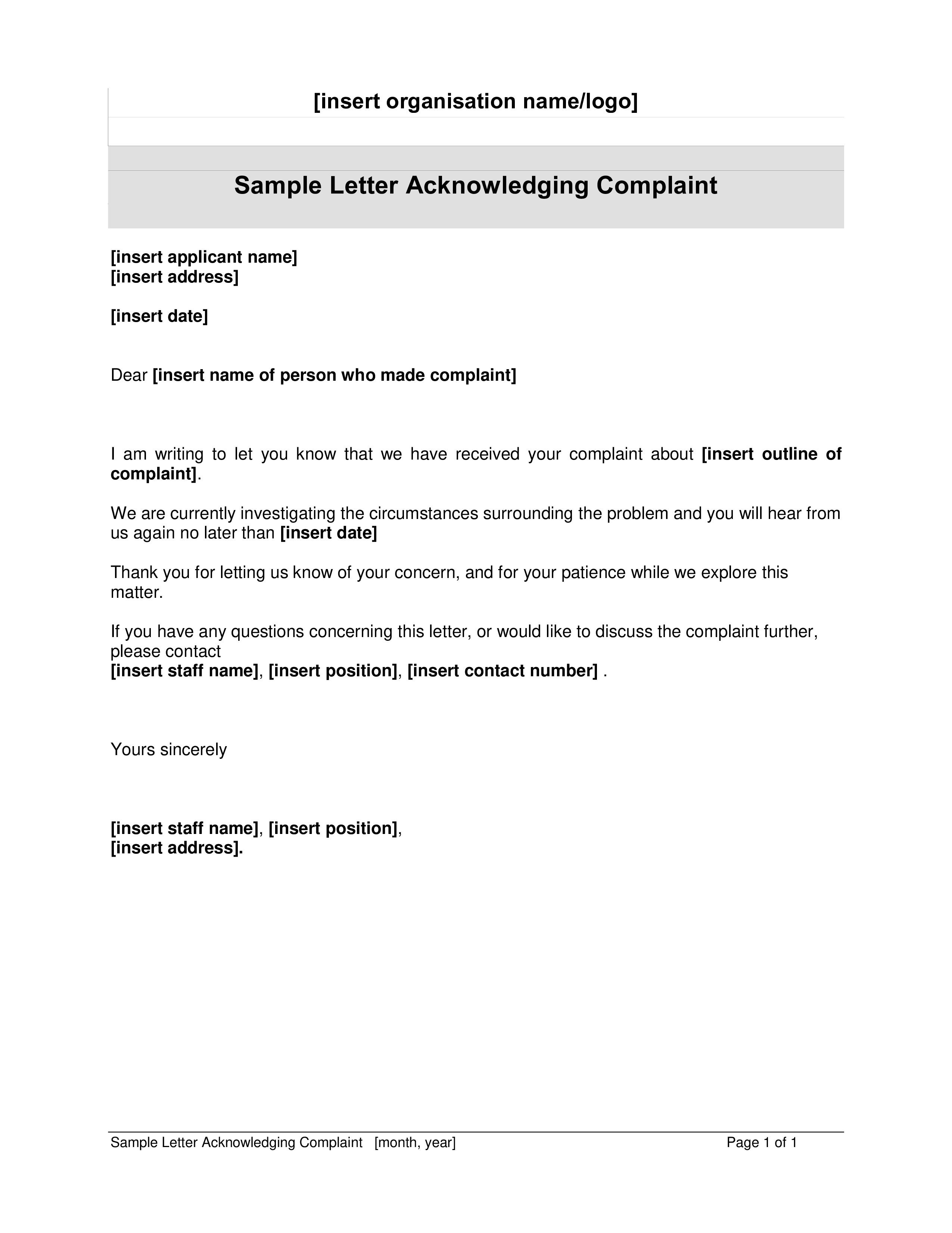 Employee Complaint Acknowledgement Letter 模板