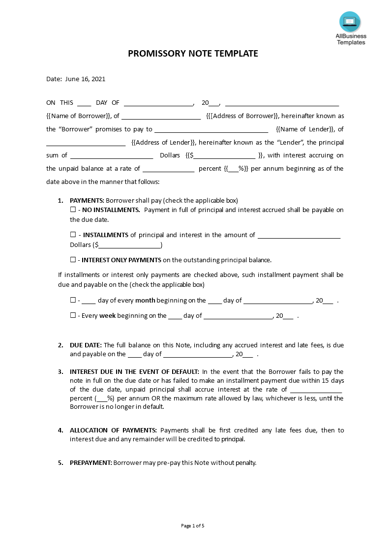 free promissory note template voorbeeld afbeelding 