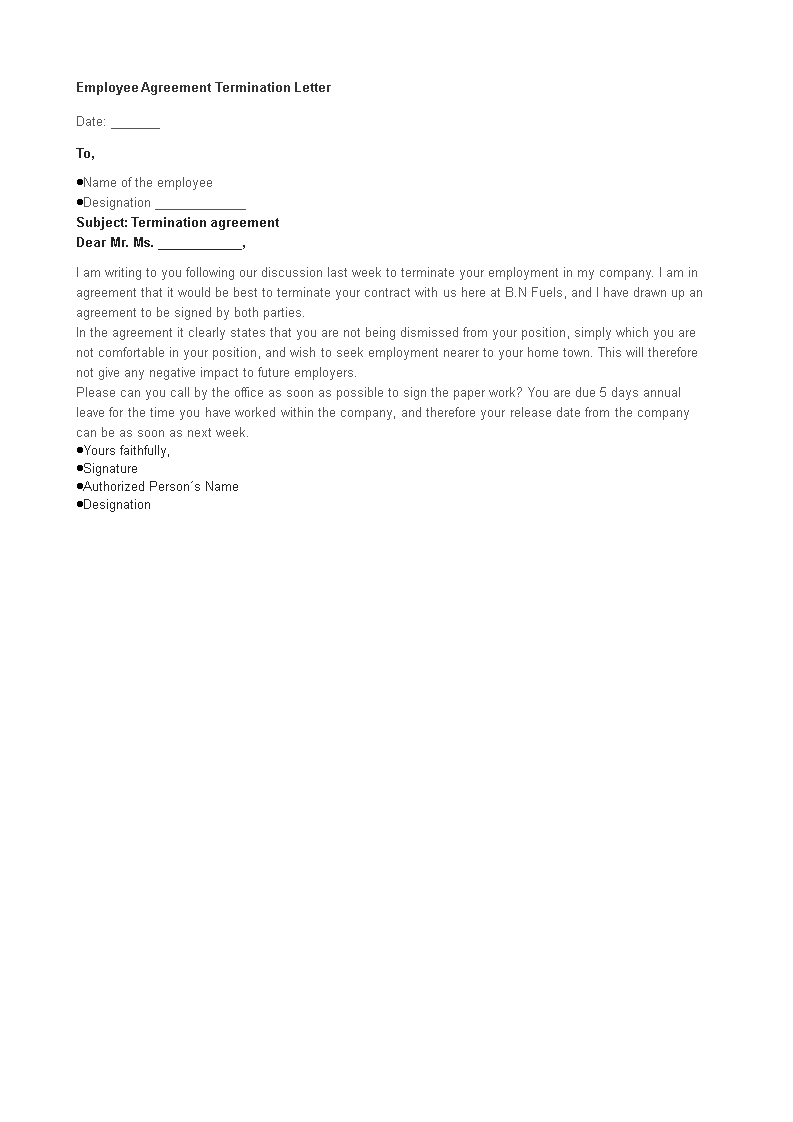 Employee Agreement Termination Letter main image