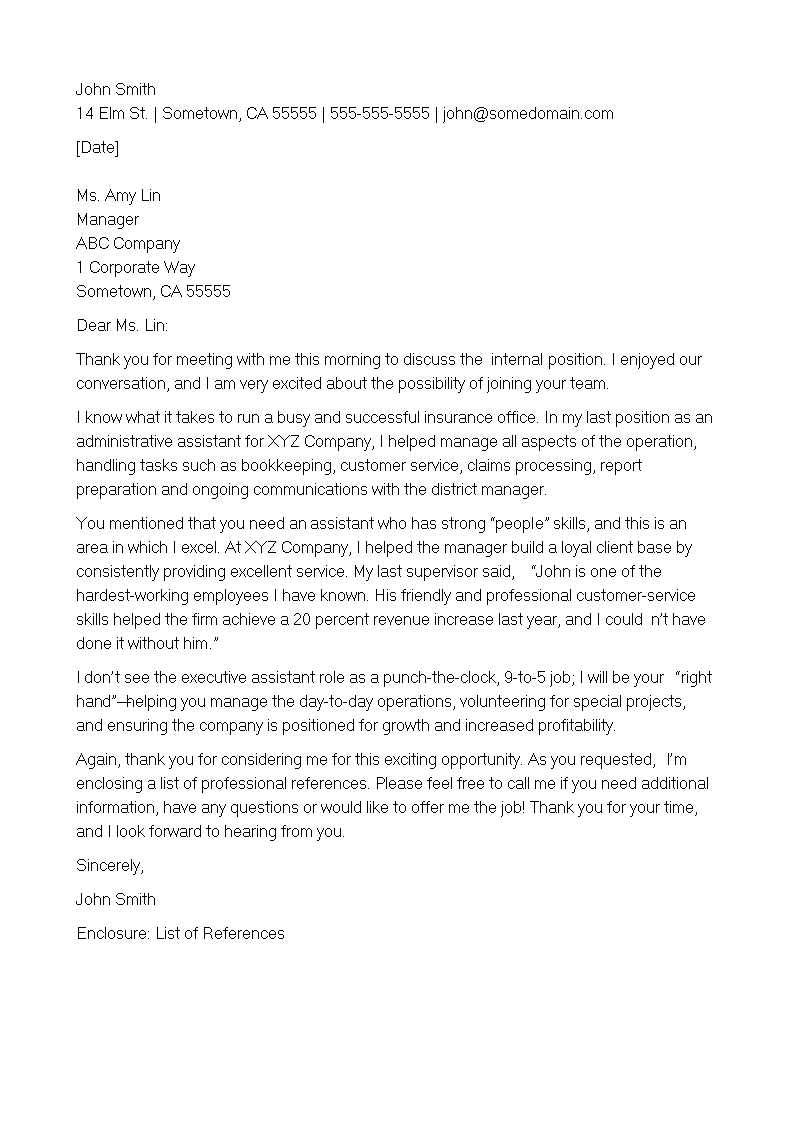 thank you letter after an internal interview for admin position template