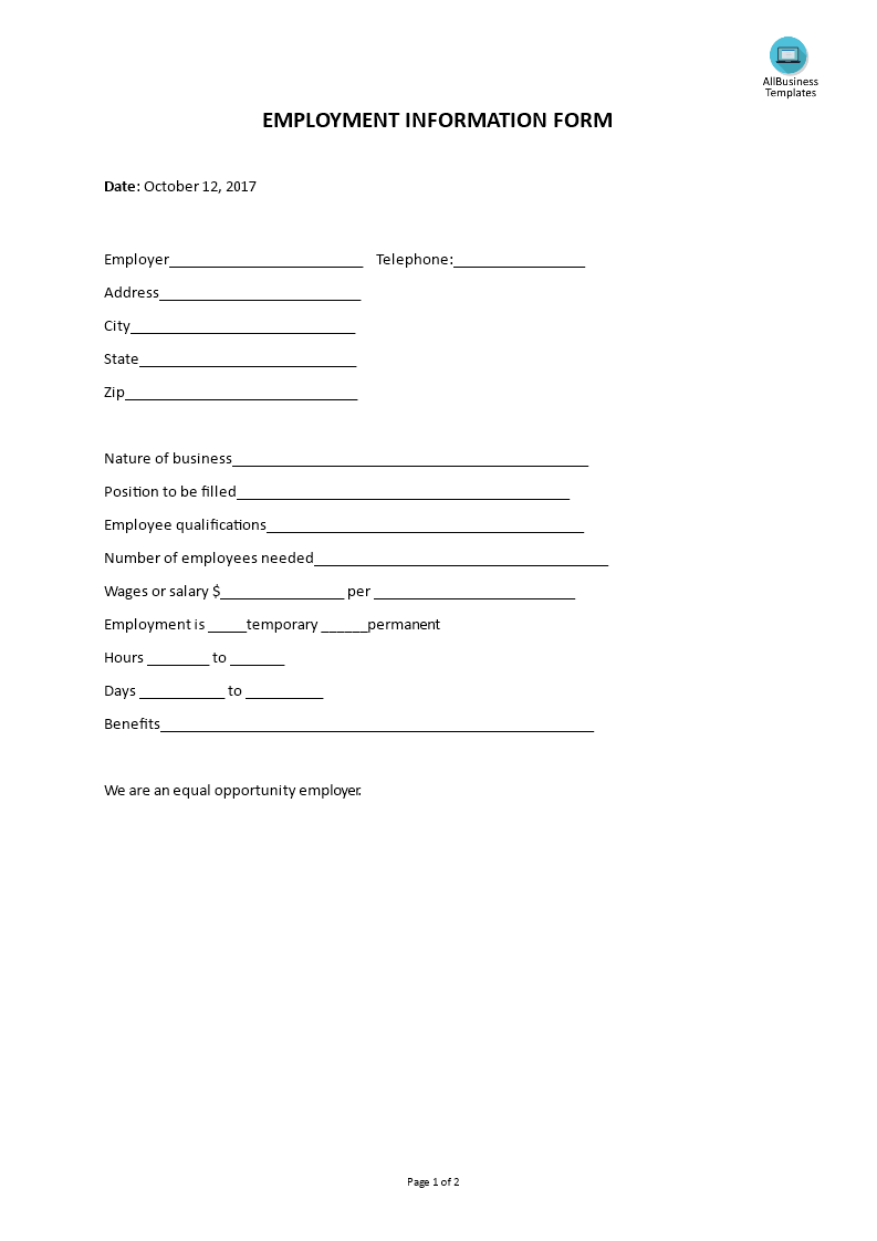 Employment Information Form Template 模板