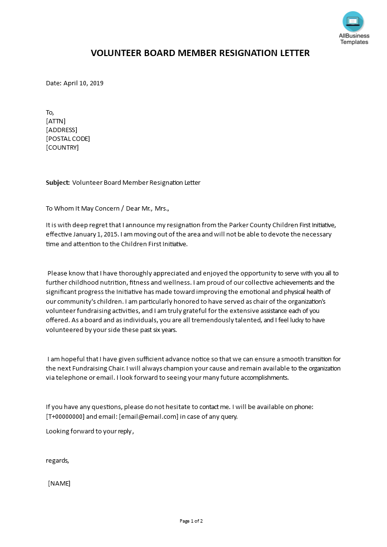 volunteer board member resignation letter plantilla imagen principal