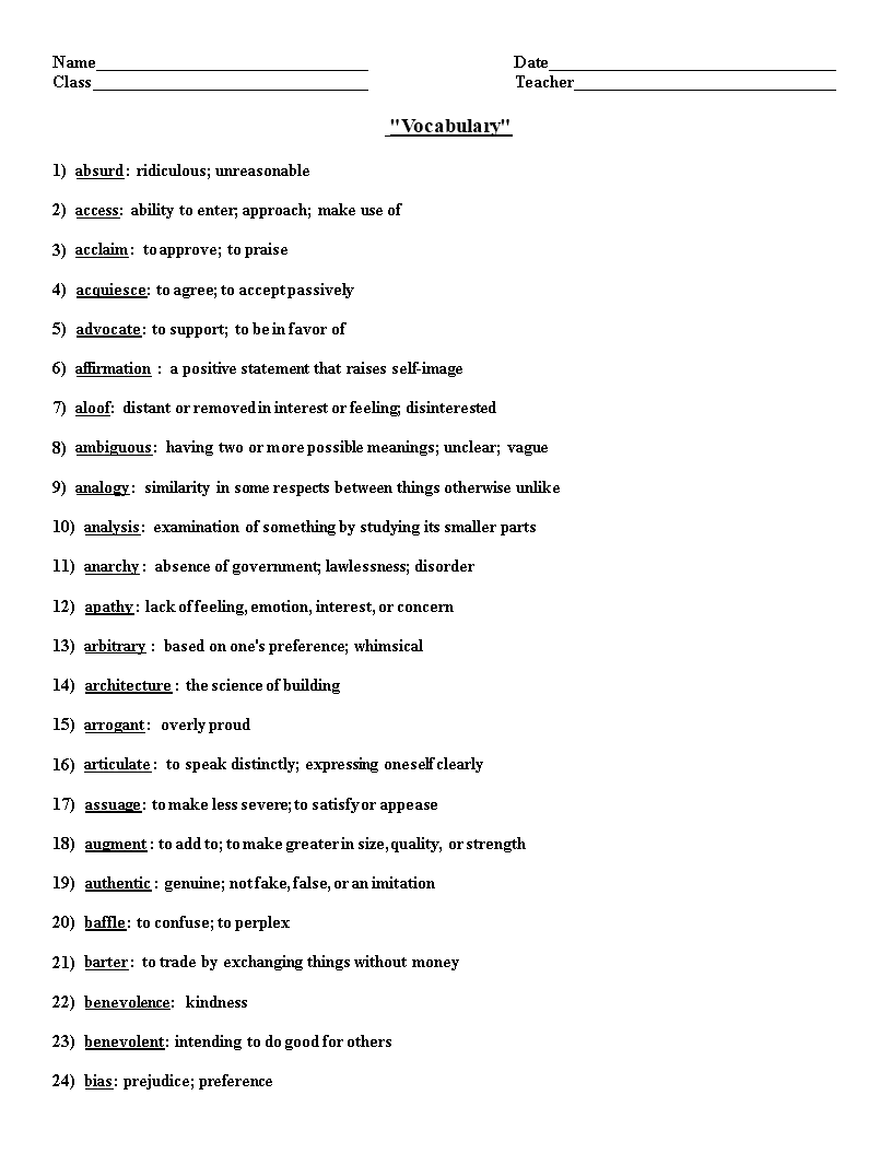 vocabulary list template
