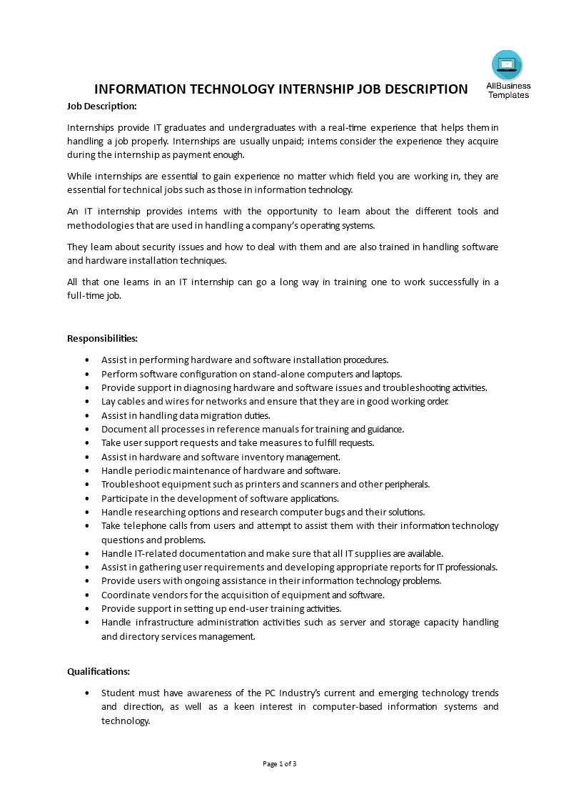 information technology internship job description Hauptschablonenbild