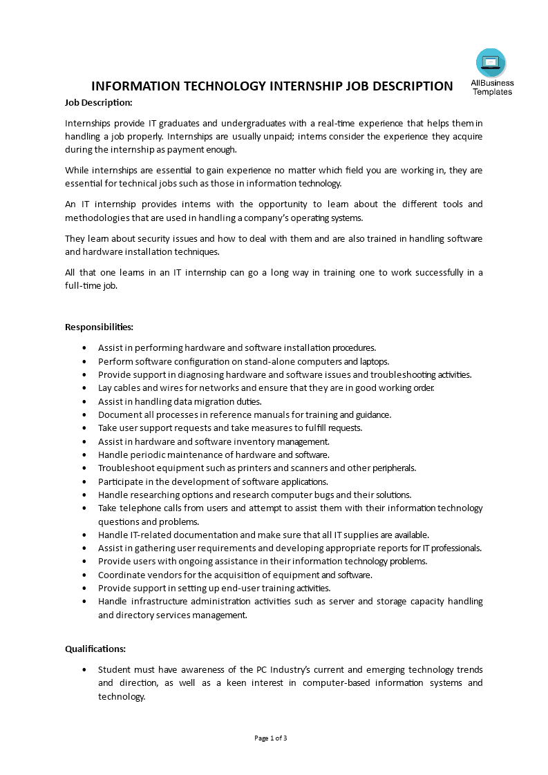 information technology internship job description voorbeeld afbeelding 