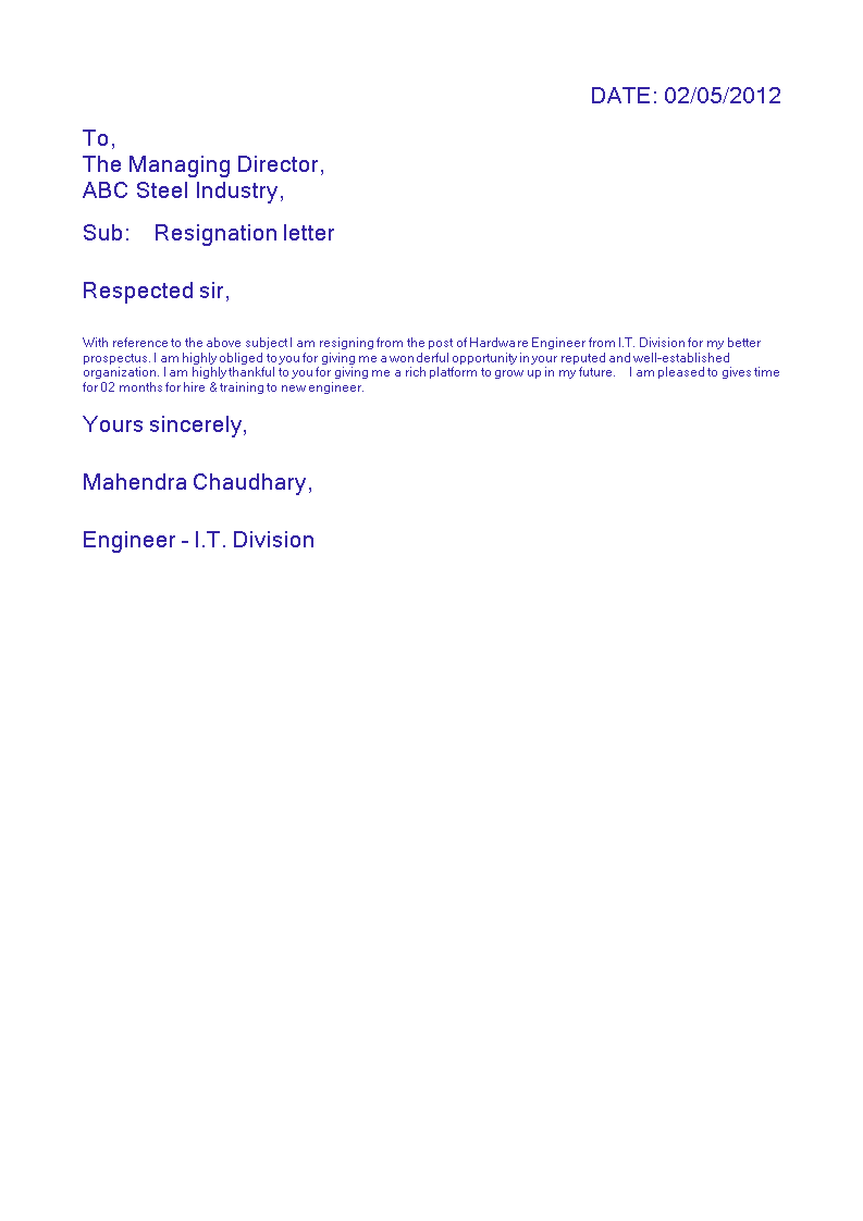 Resignation Letter Format for Engineer 模板
