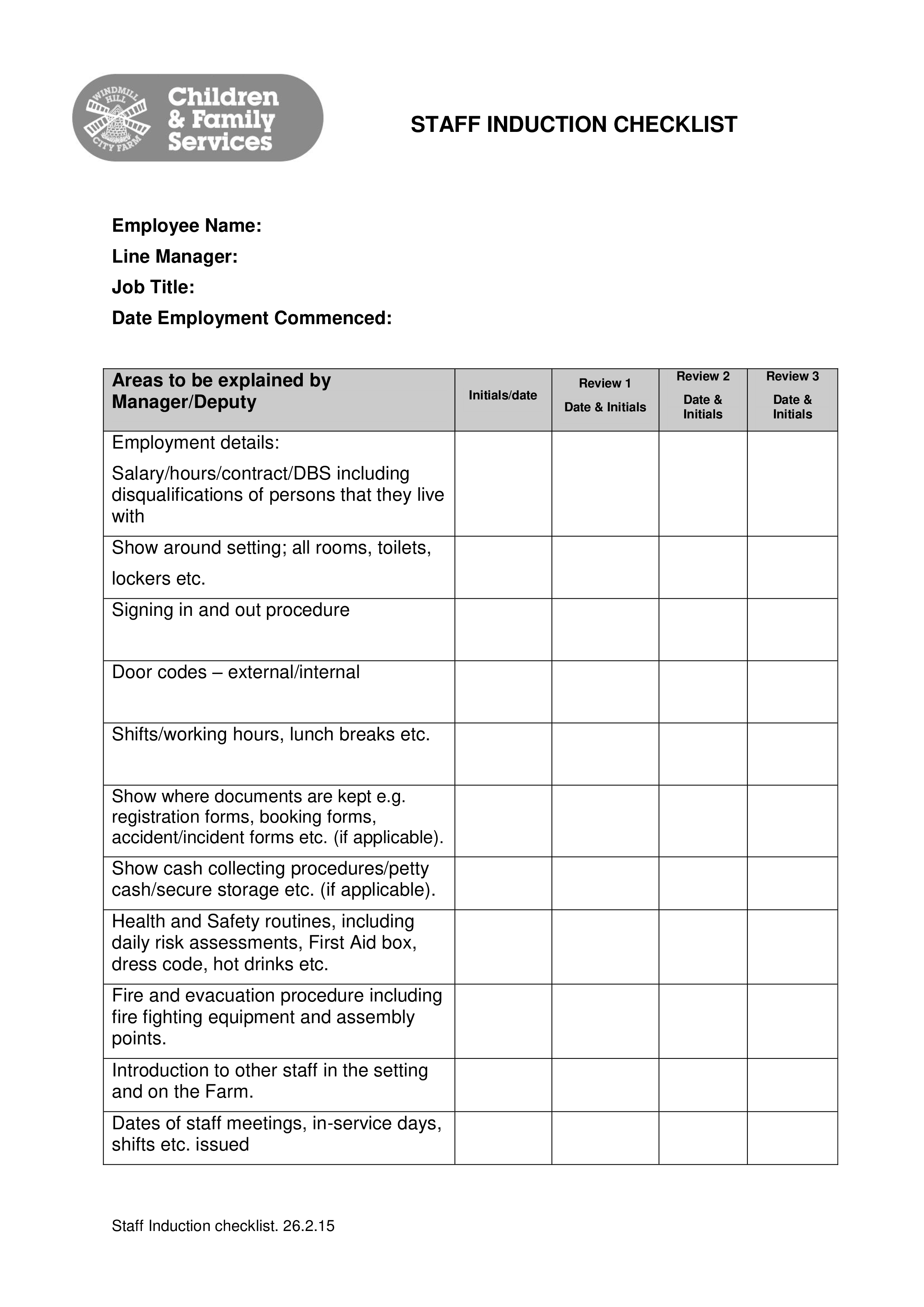 Staff Induction Checklist Sample 模板