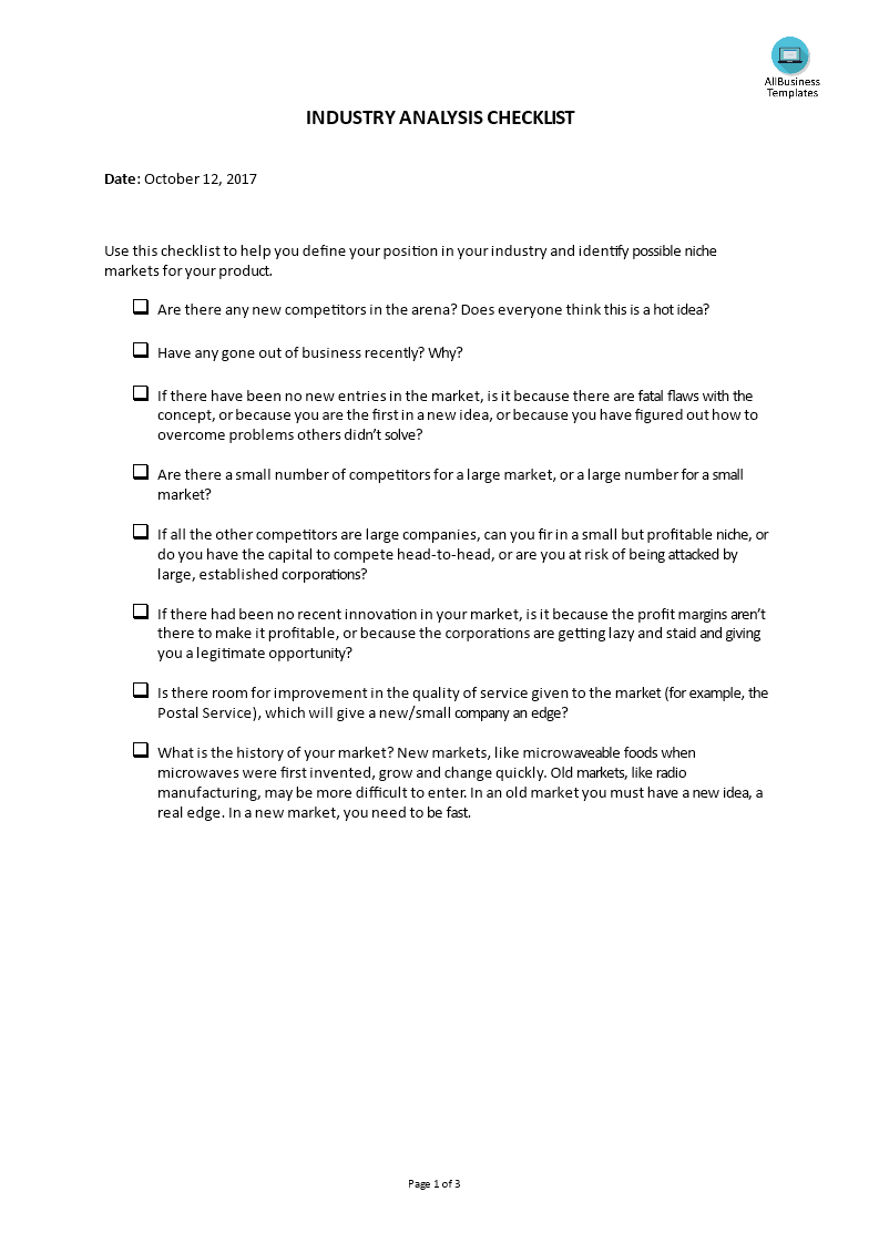 Market Analysis Checklist Industry Analysis 模板