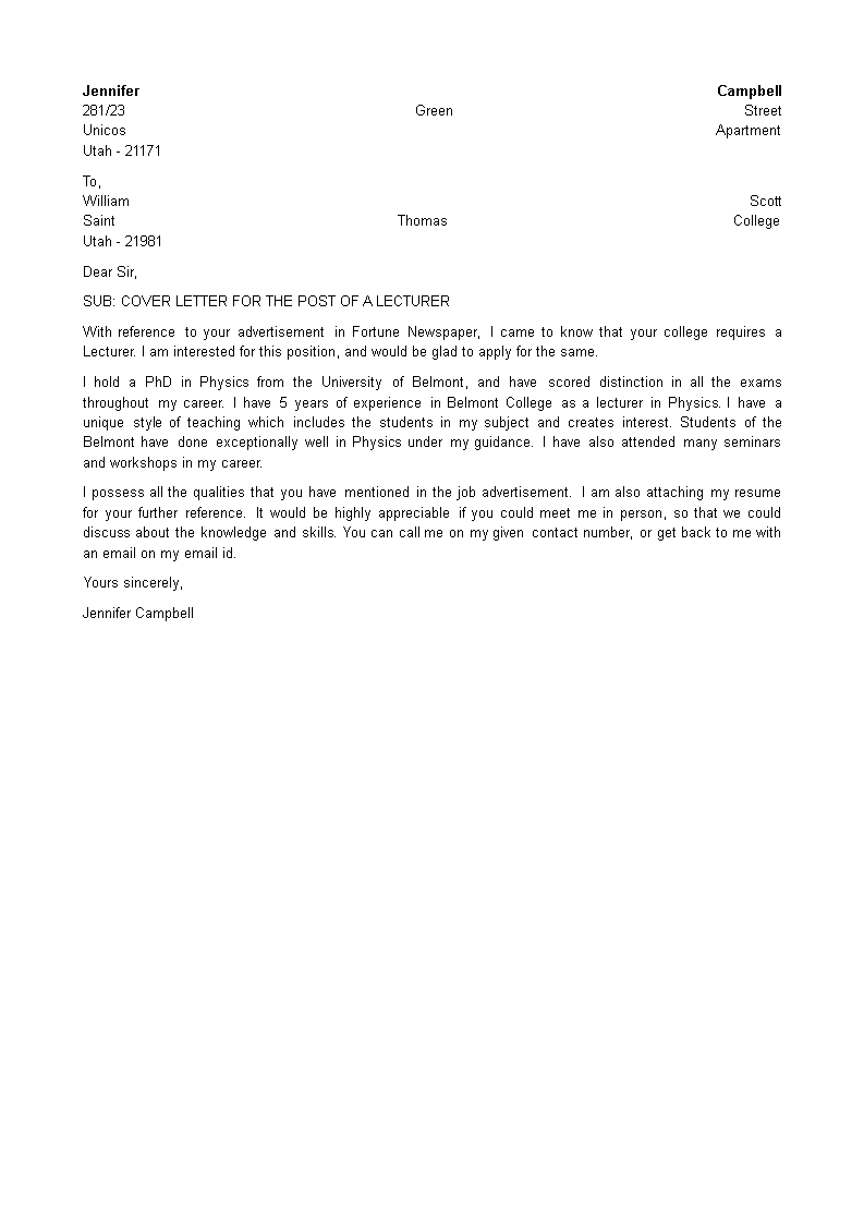 fresher lecturer resume cover letter template