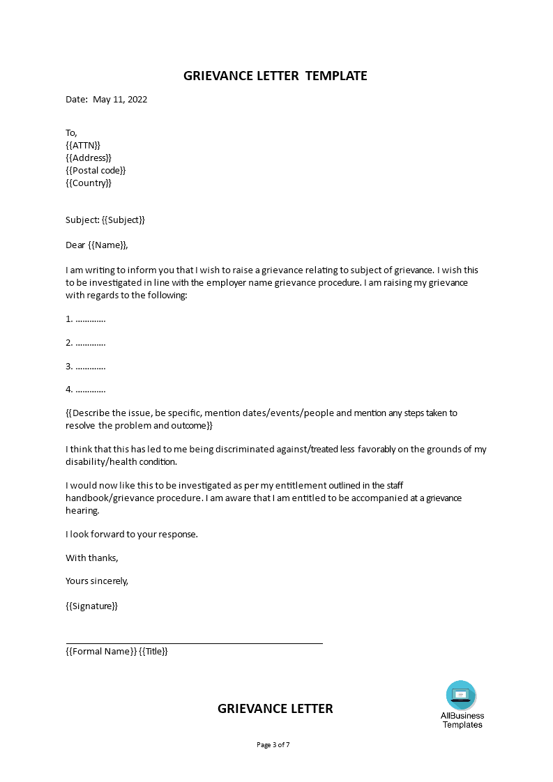 formal grievance letter to employer modèles