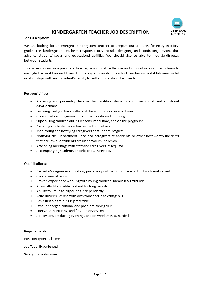 kindergarten teacher job description modèles