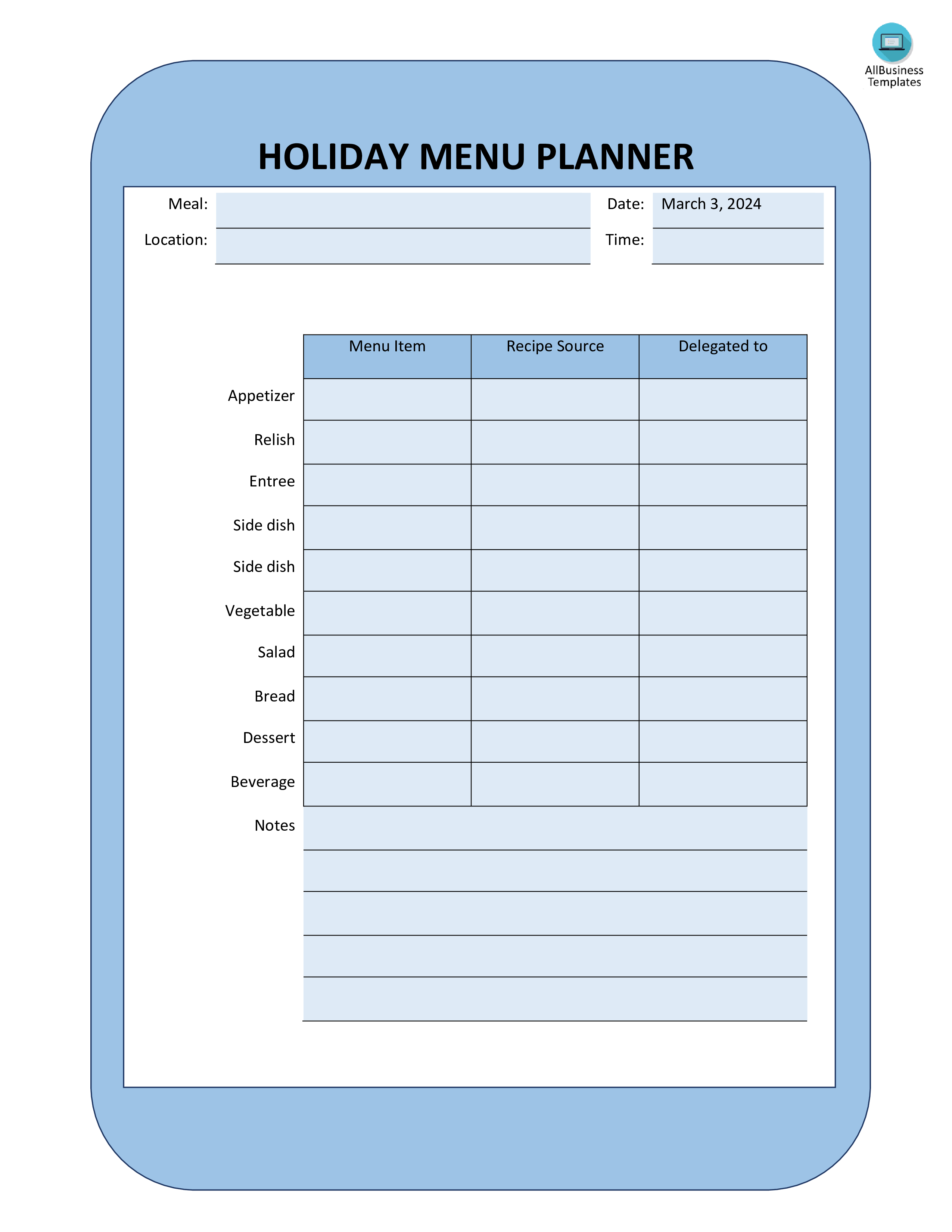 holiday meal planning template