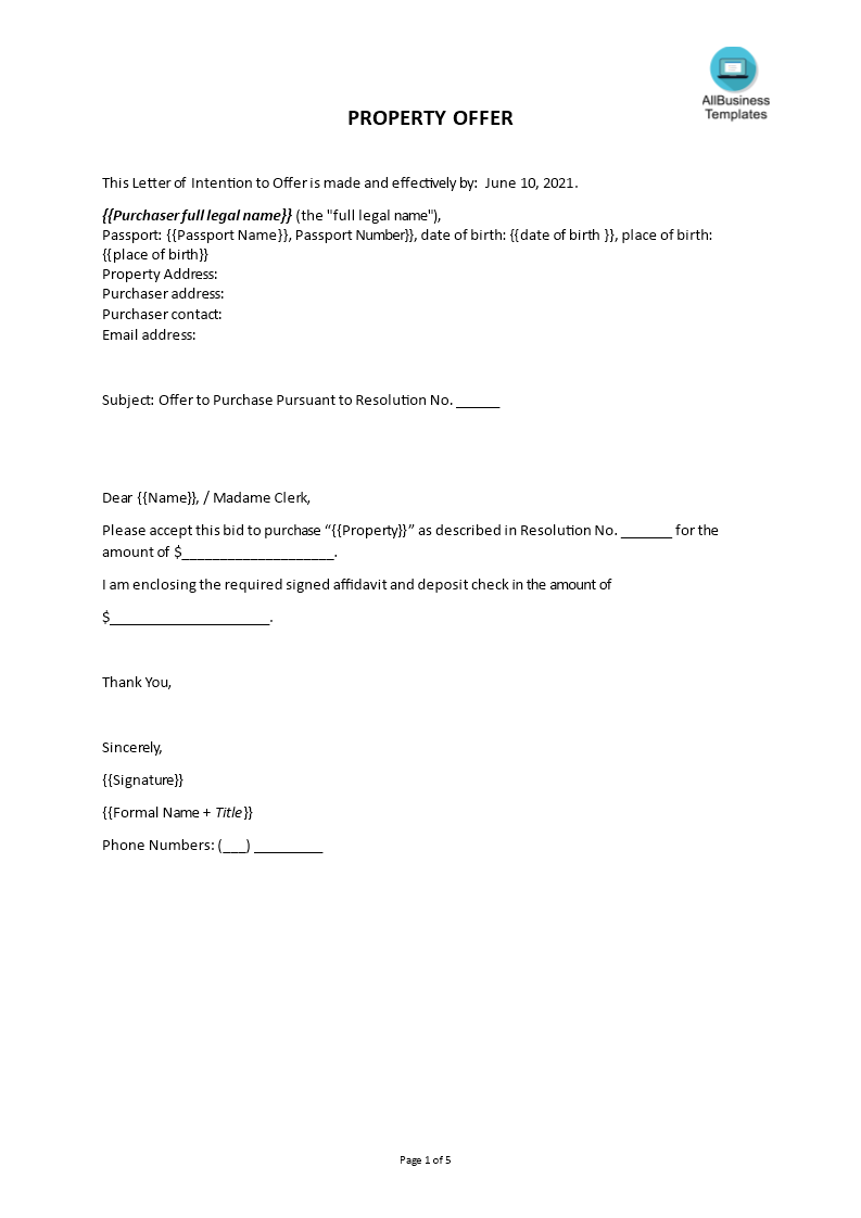 Kostenloses Sample Offer Letter For Selling A House