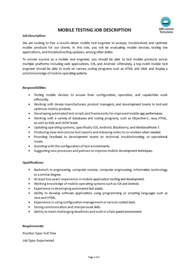 mobile testing job description modèles