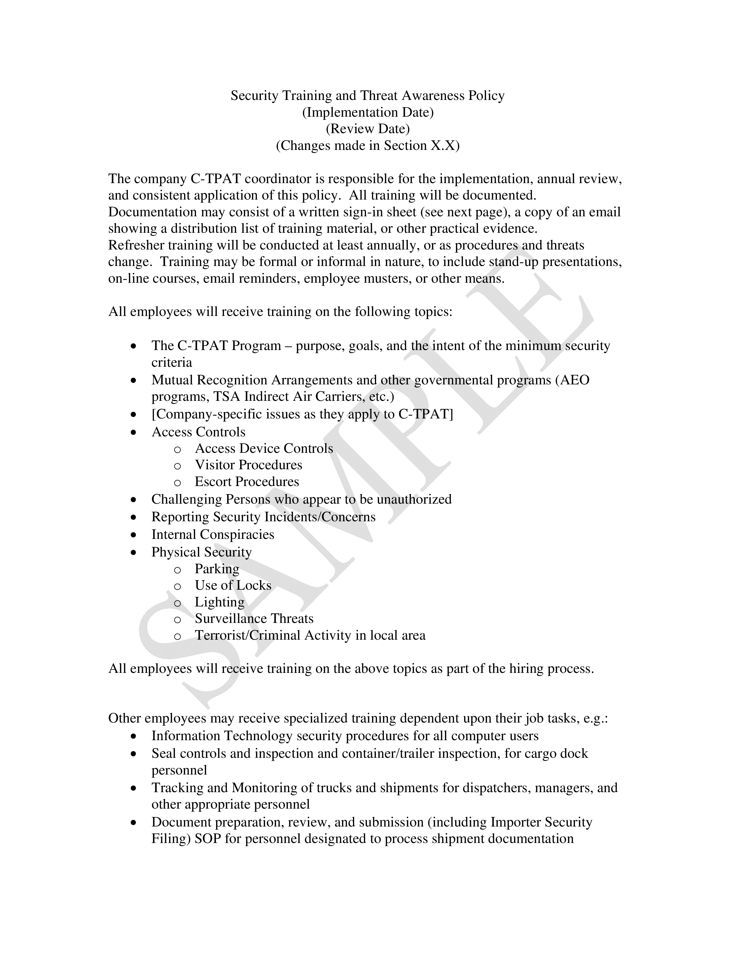 Training Policy Templates at