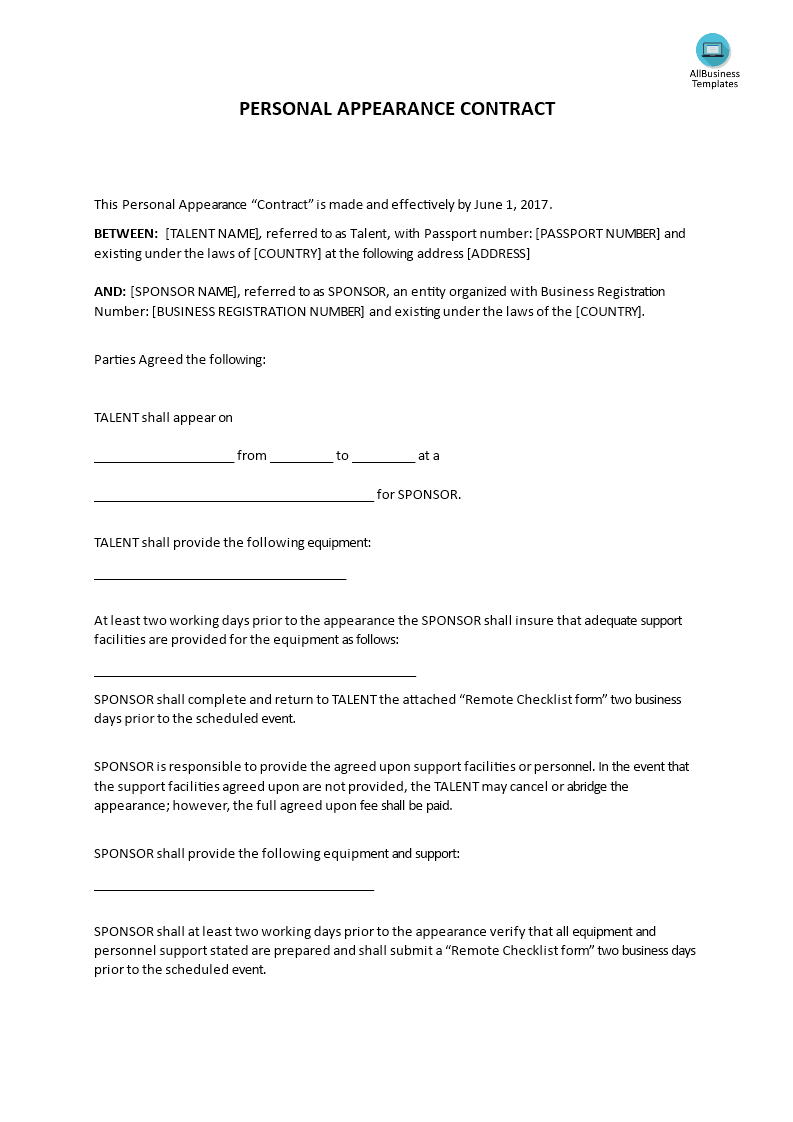 personal appearance contract template