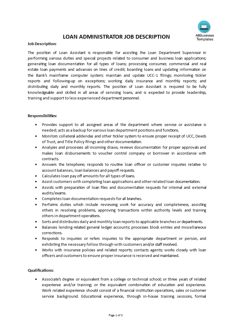 loan administrator job description template