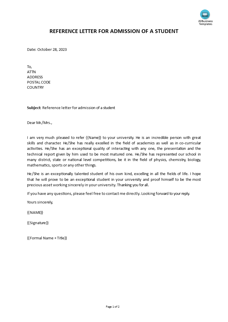student reference letter template