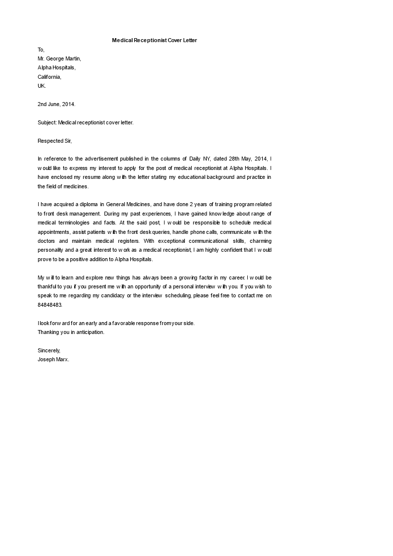 medical receptionist cover letter modèles