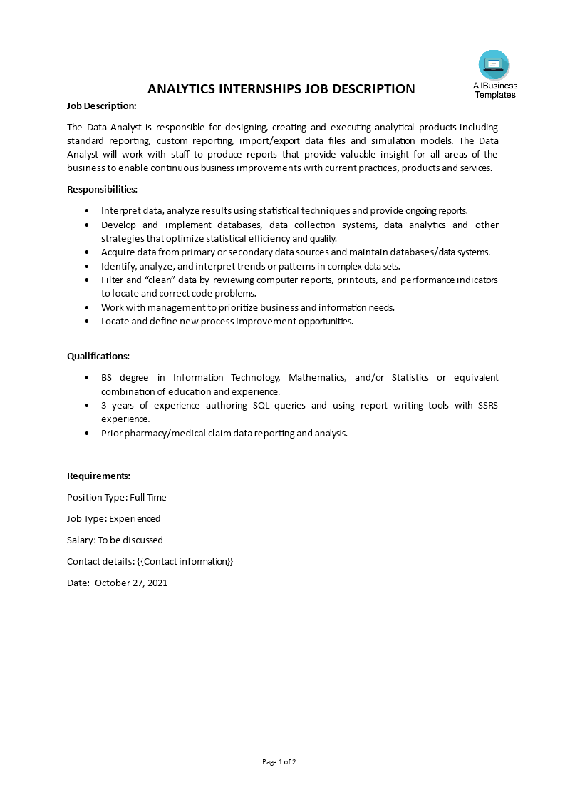 analytics internships job description template