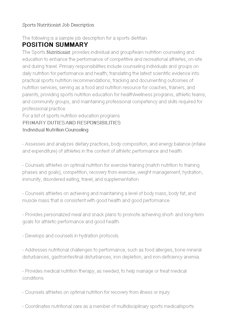 sports nutritionist job description template