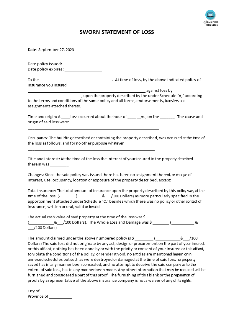 Sworn Statement Of Loss - Premium Schablone