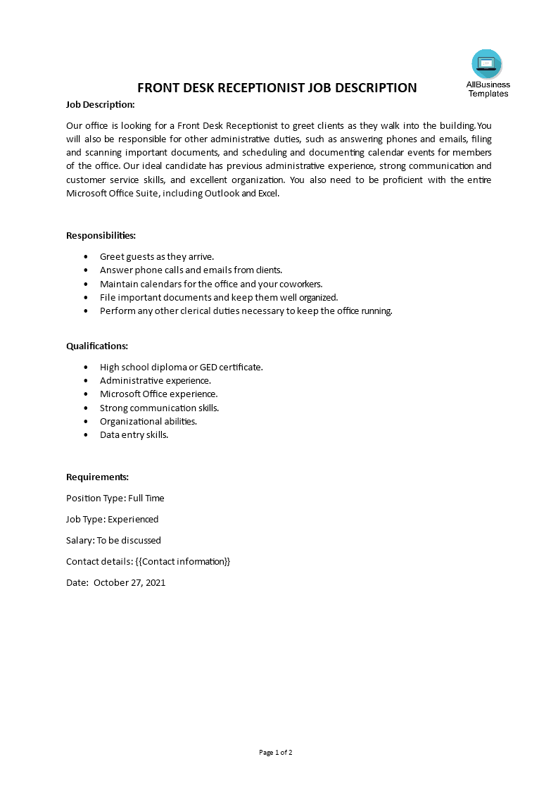 front desk receptionist job description plantilla imagen principal